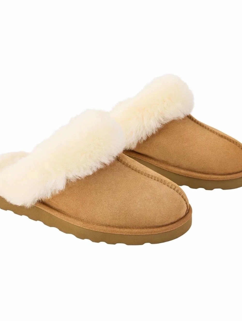 Plush Shearling-Trim Slip-On Slippers - Chestnut/Cream